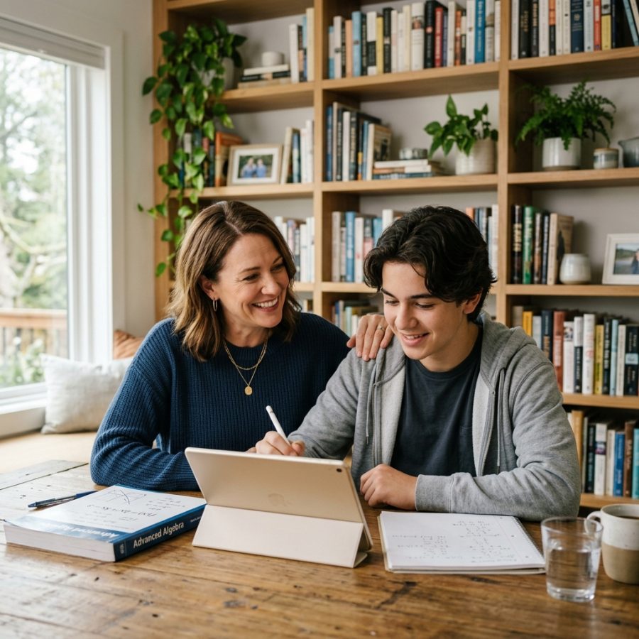 A parent sitting beside their child during an online mathematics lesson